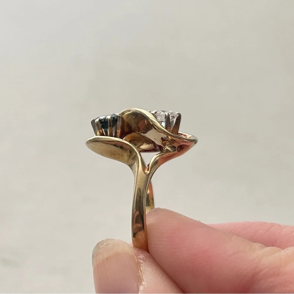 Vintage 14kt Gold European Cut Diamond & Blue Diamond Sz 7.75 Toi Et Moi Ring - Picture 3 of 11